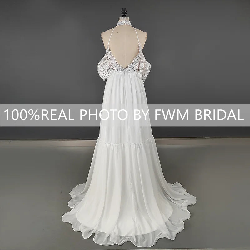 4044# Real Photos Off Shoulder Beach Sweep Train Bohemia Wedding Dress Halter Neck Appliques Backless Soft Chiffon Bridal Gown