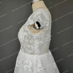 Real Photos Cap Sleeves 3D Flowers Appliques Lace A-line Wedding Dress Sweep Train V-Neck Bride Gown Bridal Dress for Women