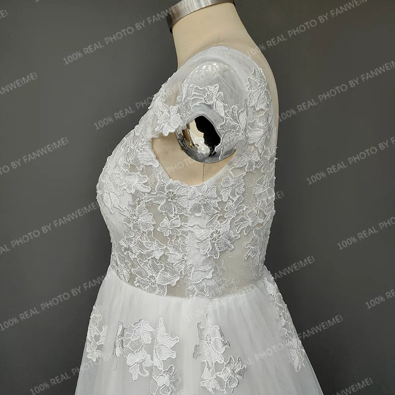 Real Photos Cap Sleeves 3D Flowers Appliques Lace A-line Wedding Dress Sweep Train V-Neck Bride Gown Bridal Dress for Women