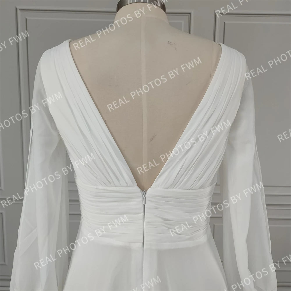 Real Photos High Quality Simple Puffy Sleeves A-line Pleat Chiffon Wedding Dress Elegant Bride Gown for Women 13263