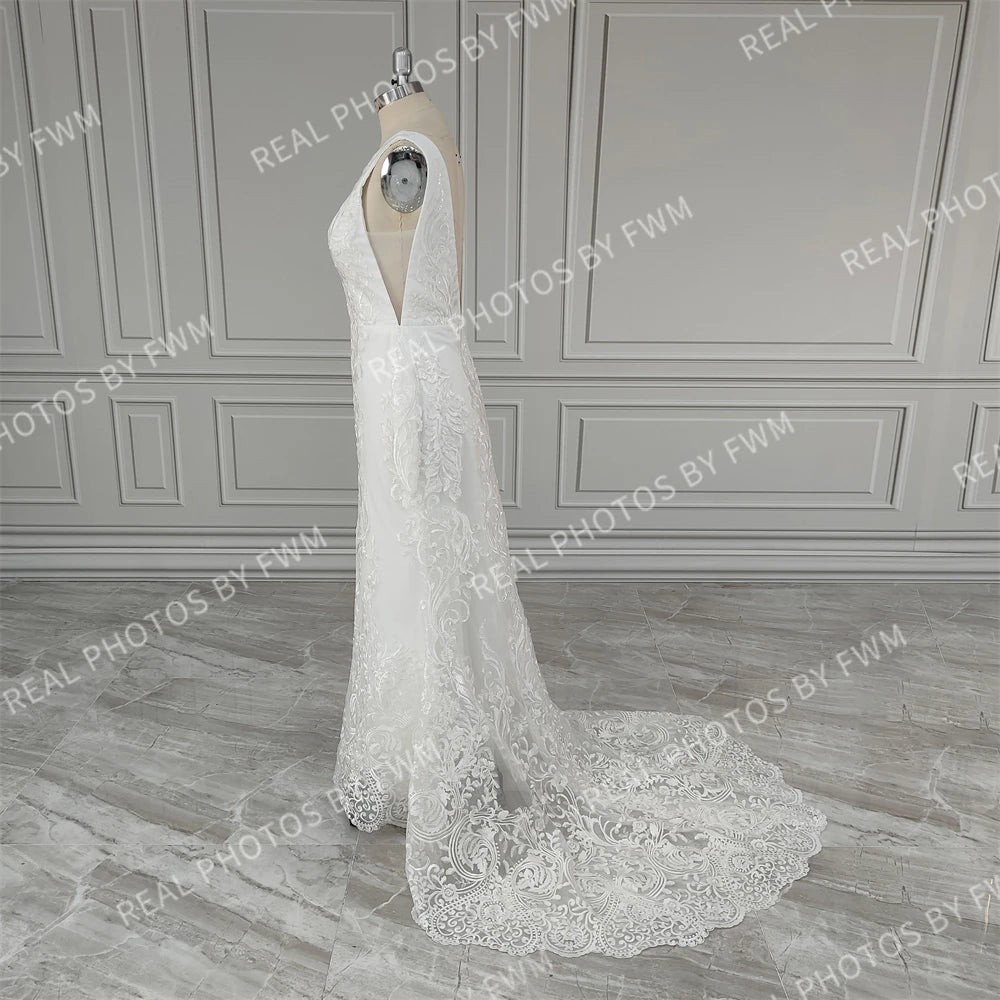 Real Photos V-neck Appliques Sequined Lace Mermaid Wedding Dress Elegant Backless Bride Gown for Women Vestidos De Novia