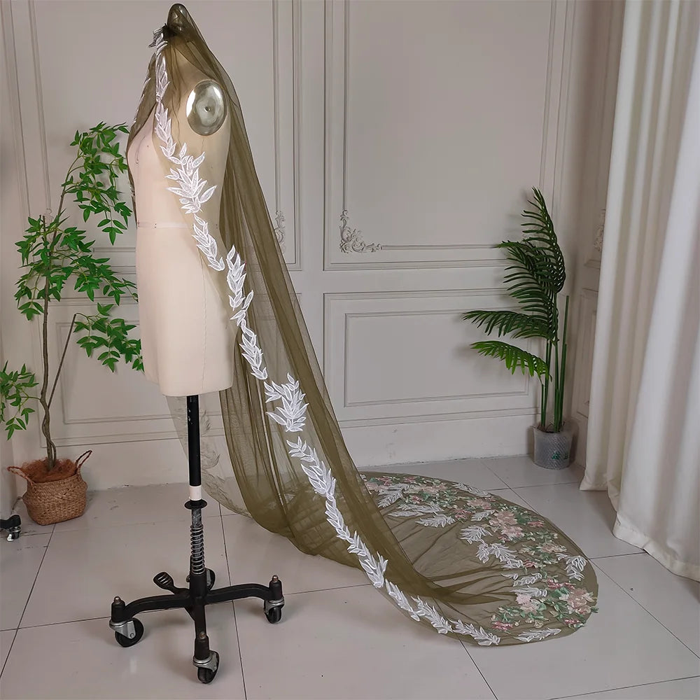 Real Photos Dark Green Embroidered Wedding Veil with Hand-stitched Lace Trim Suitable for Women to Wear at an Outdoor Wedding