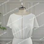 Real Photos High Quality Simple Boat Neck Soft Satin Wedding Dress Elegant Women Short Sleeve Bride Gown With Pearls Button
