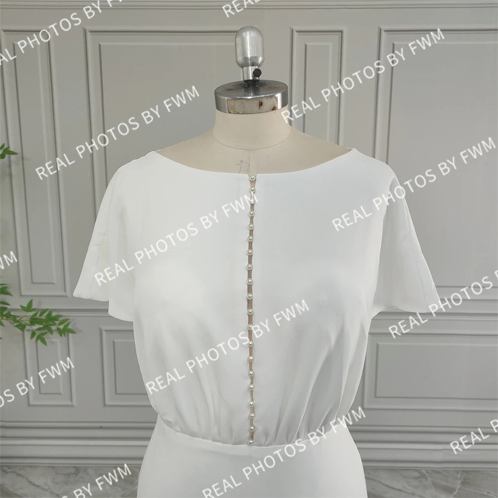 Real Photos High Quality Simple Boat Neck Soft Satin Wedding Dress Elegant Women Short Sleeve Bride Gown With Pearls Button