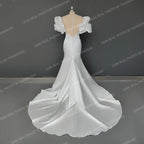 11111# Real Photos Korea Style Deep V-Neck Wedding Dresses Short Sleeve Satin Sweep Train Mermaid Bridal Dress Wedding Gown