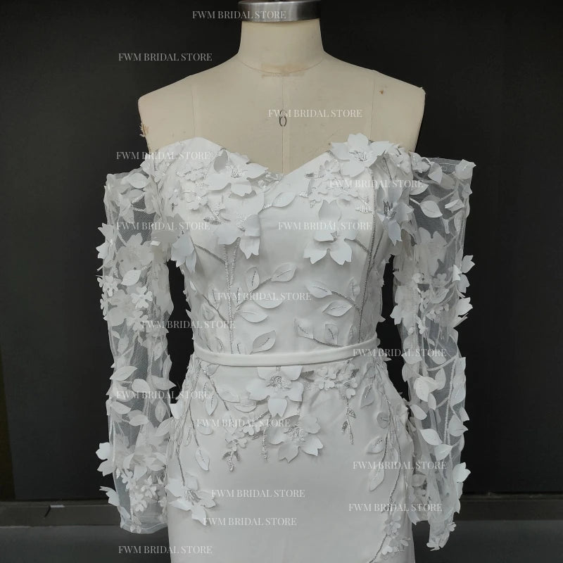 8890# Real Photos Simple Sweep Train Split Front Satin Mermaid Wedding Dress for Plus Size Women Appliques Lace  Bridal Gown