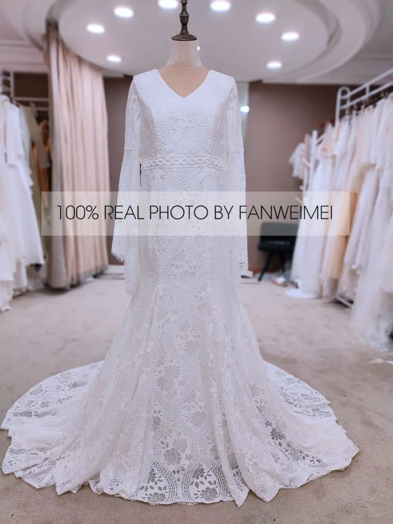 #9094  REAL PHOTOS by FANWEIMEI Backless V-Neck Long Bell Sleeve Boho Bohemian Lace Sweep Train Gown Bridal Wedding Dress