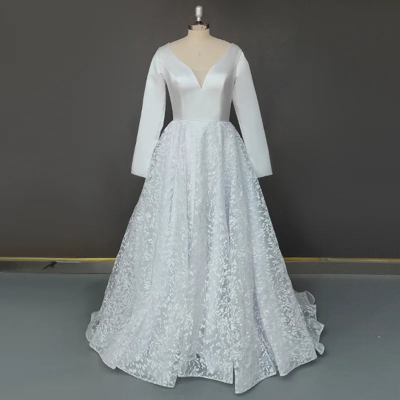 Real Photos Elegant Full Sleeves V-Neck A-line Satin Wedding Dress Appliques Lace Sweep Train Backless Bride Gown for Women