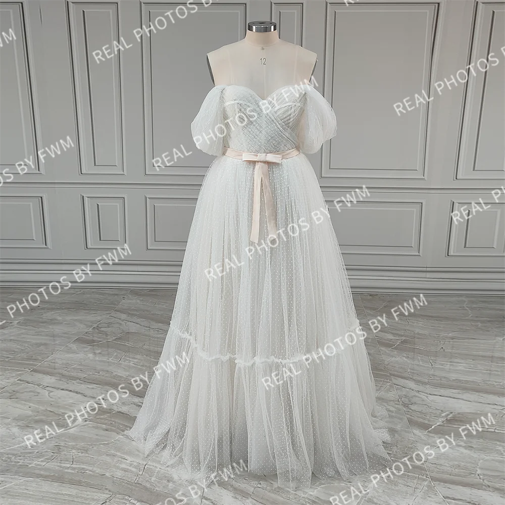 Real Photos Boho Off Shoulder Pleat Dots Lace Wedding Dress Low Back Tulle A-line Bride Gown for Women Elegant Bridal Dress