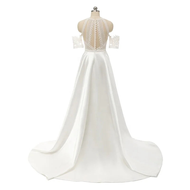 #1305 Real Photos Bohemian VINTAGE BOHO A-Line Wedding Dresses Lace Satin Detachable Sleeve Wedding Dress Bridal Gowns Beach