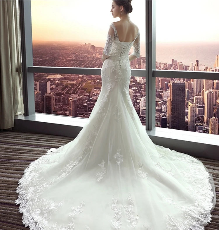 #6212 Wholesale Half Sleeve Lace Applique Mermaid Long Veil  Wedding Dress Wedding Dress Bride Gown Bridal Dress for Woman
