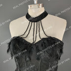 #15358 Real Photos High Quality Black Gothic A-line Feathers Lace Wedding Dress for Women Halter Neck Appliques Bridal Gowns
