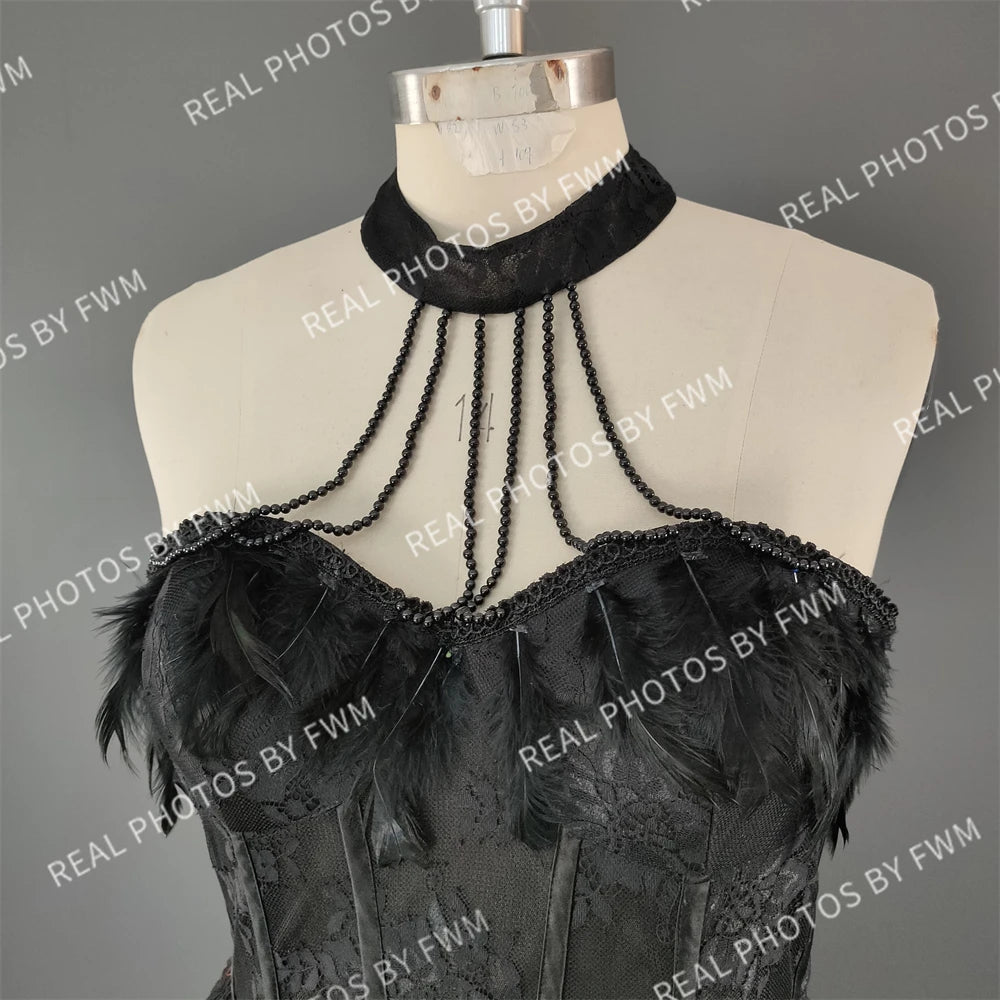 #15358 Real Photos High Quality Black Gothic A-line Feathers Lace Wedding Dress for Women Halter Neck Appliques Bridal Gowns