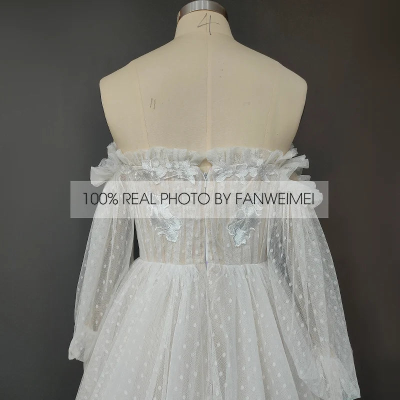 Real Photos Elegant Detachable 3/4 Puffy Sleeves Pleated Dot Tulle A-line Wedding Dress Sweep Train Bride Gown for Women