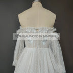 Real Photos Elegant Detachable 3/4 Puffy Sleeves Pleated Dot Tulle A-line Wedding Dress Sweep Train Bride Gown for Women