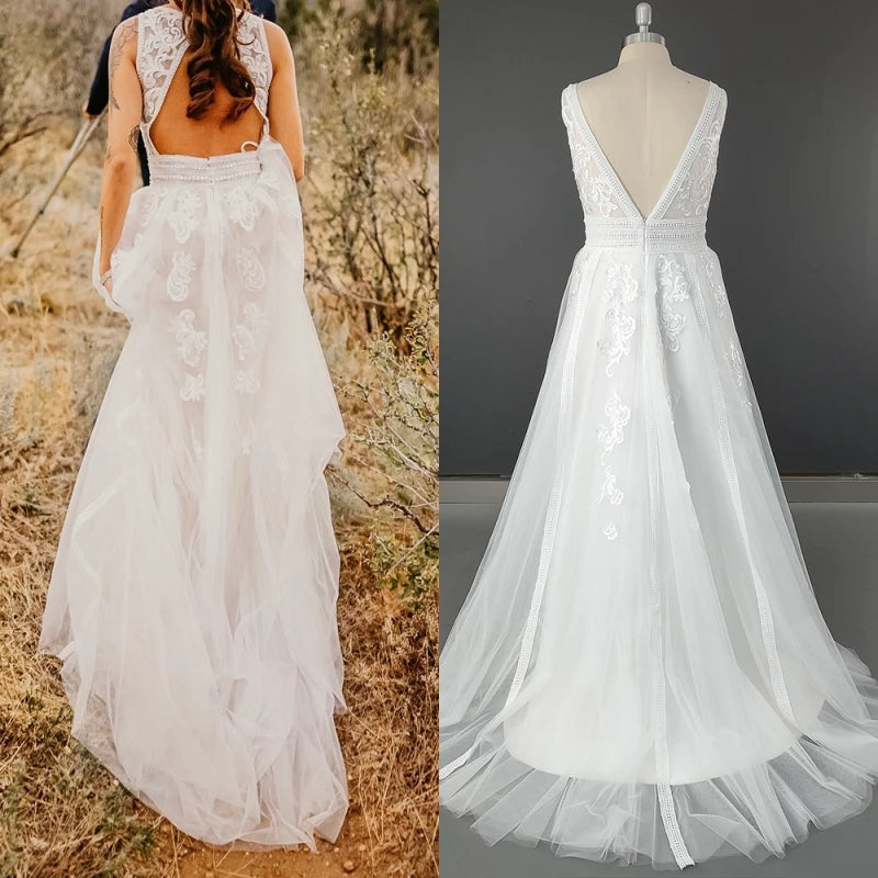 12640# Real Photos V-neck Backless Appliques Illusion Lace Wedding Dress Exquisite Sweep Train A-line Bridal Gown for Party