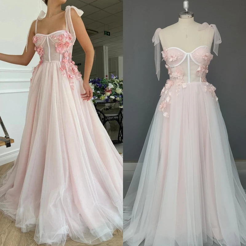 15293#Real Photos Pink Flowers Spaghetti Straps Wedding Bridal Ball Gown Birthday Party Dress for Women Prom Evening Dress
