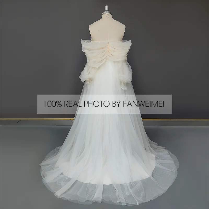 Real Photos Puffy Sleeves Sweetheart Backless A-Line Beading Lace Wedding Dress Sweep Train Tulle Bridal Gown for Wedding