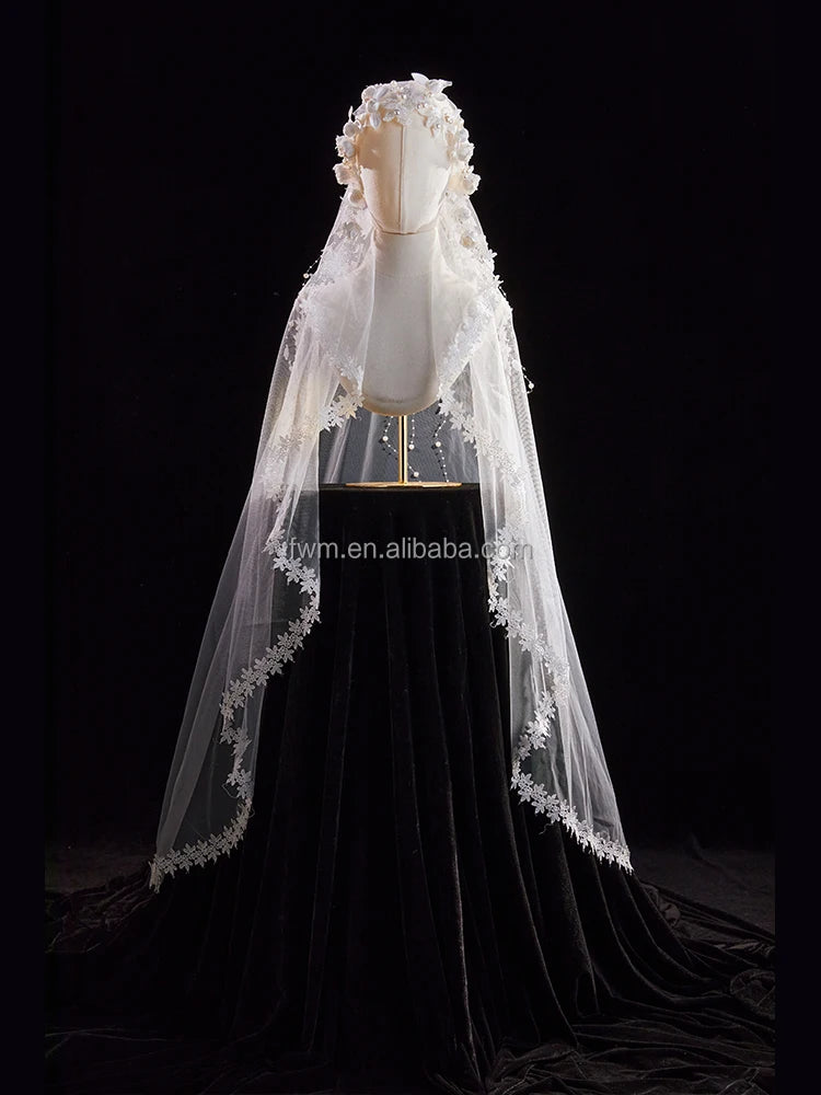 High Quality Elegant Ivory White Pearl 3D Flower Bridal Veil for Wedding Dress Long Headdress Custom Made #V114