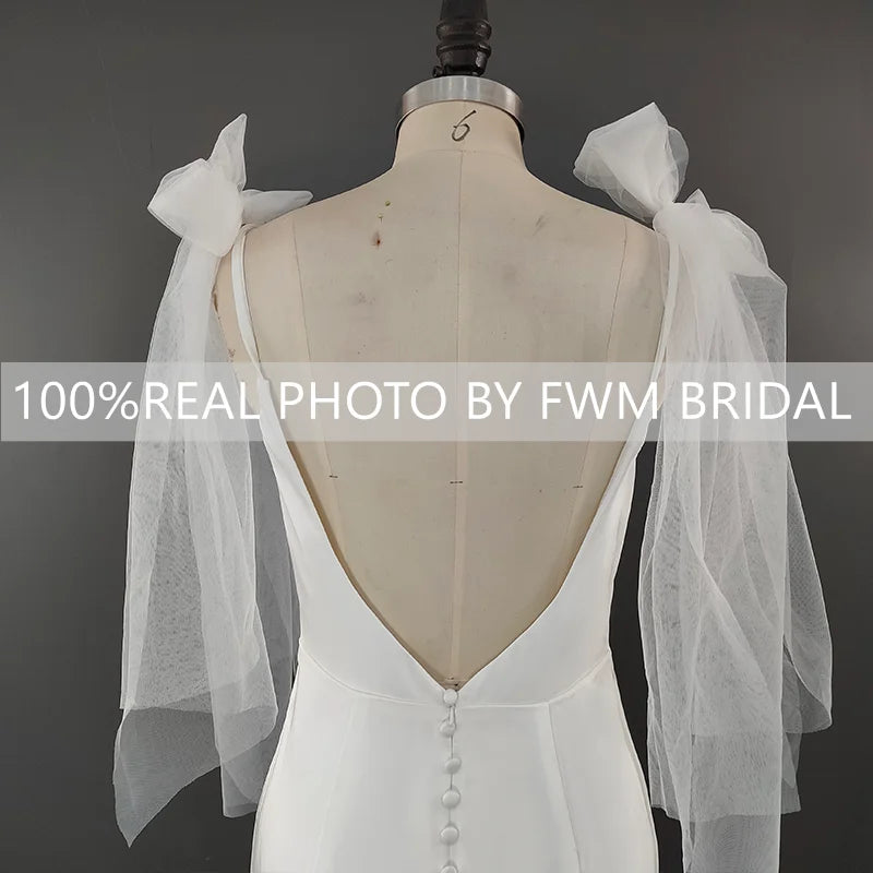 8726#  Real Photos Simple Bow Spaghetti Straps Slit Mermaid V-neck Sweep Train Wedding Dress Wedding Gown Bridal Gown