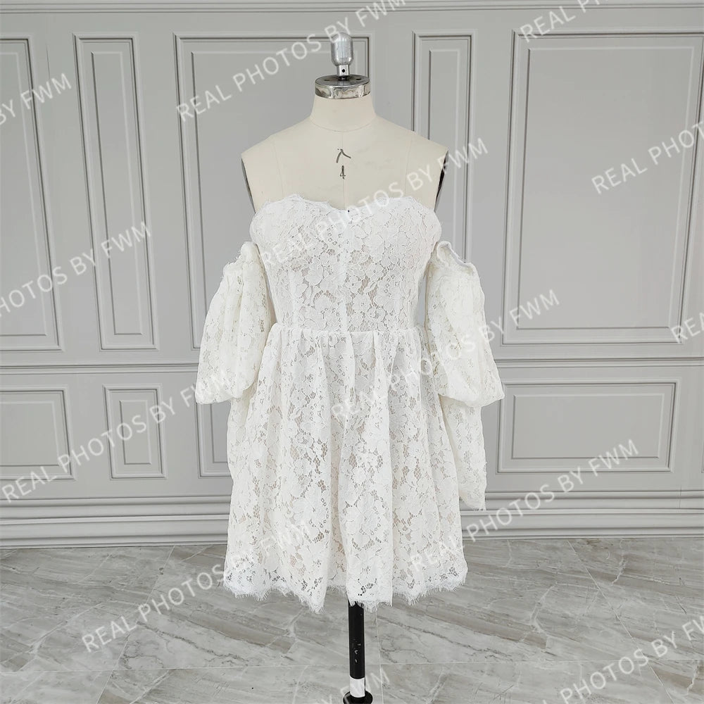 15279# Real Photos Appliques Lace Puffy Sleeves Mini Wedding Bridal Ball Gown Birthday Party Dress Women Prom Evening Dresses