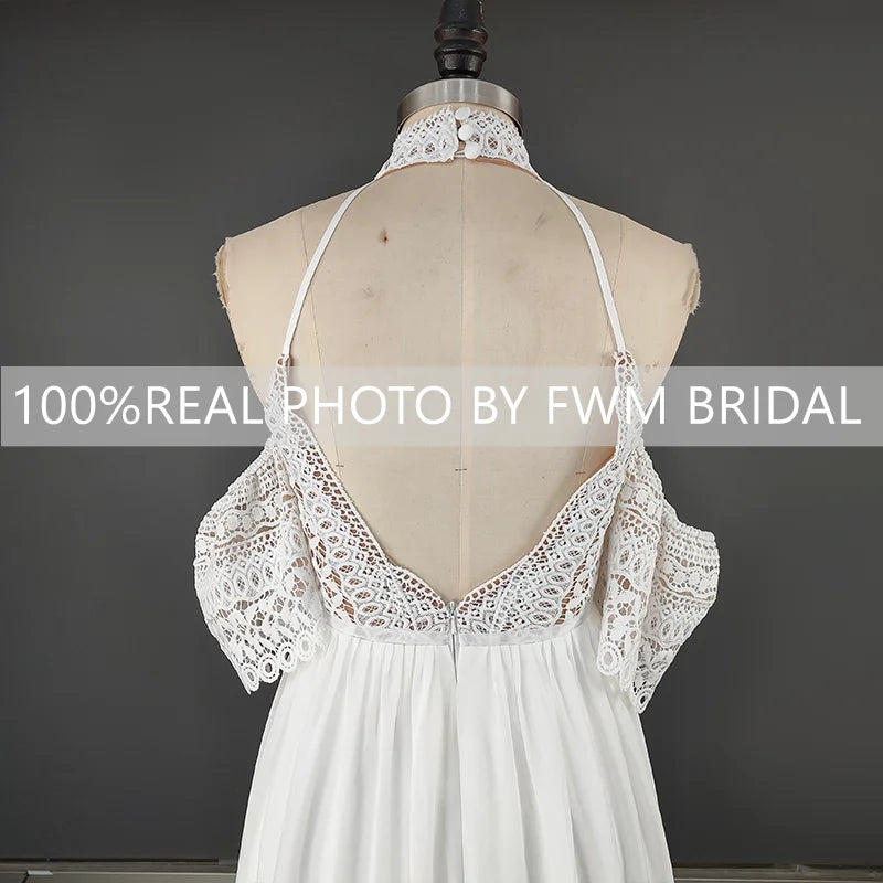 4044# Real Photos Off Shoulder Beach Sweep Train Bohemia Wedding Dress Halter Neck Appliques Backless Soft Chiffon Bridal Gown