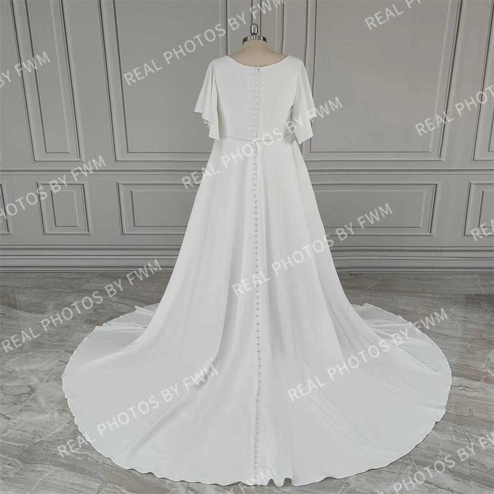 10195# Real Photos Simple Boat Neck Ruffles Sleeves A-line Wedding Dress Sweep Train Bridal Gown for Women Vestido De Novia