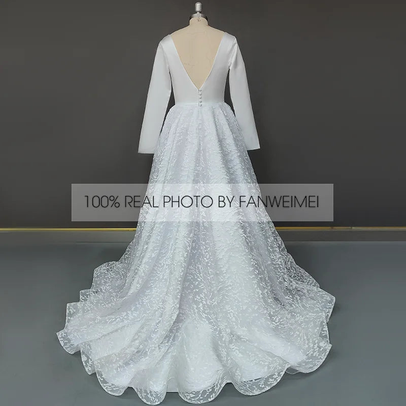 Real Photos Elegant Full Sleeves V-Neck A-line Satin Wedding Dress Appliques Lace Sweep Train Backless Bride Gown for Women