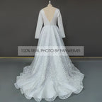 Real Photos Elegant Full Sleeves V-Neck A-line Satin Wedding Dress Appliques Lace Sweep Train Backless Bride Gown for Women