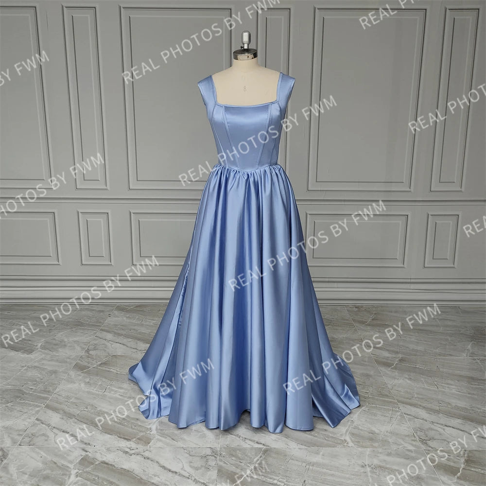 14579# Real Photos Square Collar High Side Slit A-line Corset Satin Evening Dress Women Formal Prom Gown for Party