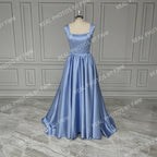 14579# Real Photos Square Collar High Side Slit A-line Corset Satin Evening Dress Women Formal Prom Gown for Party