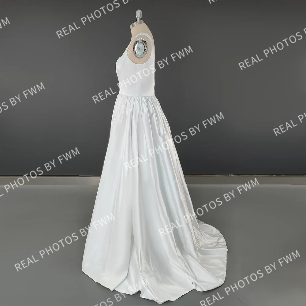 Real Photos Simple A-Line Square Neck Sleeveless Low Back Princess Matte Satin Sweep Train Wedding Dress Bridal Gown Women