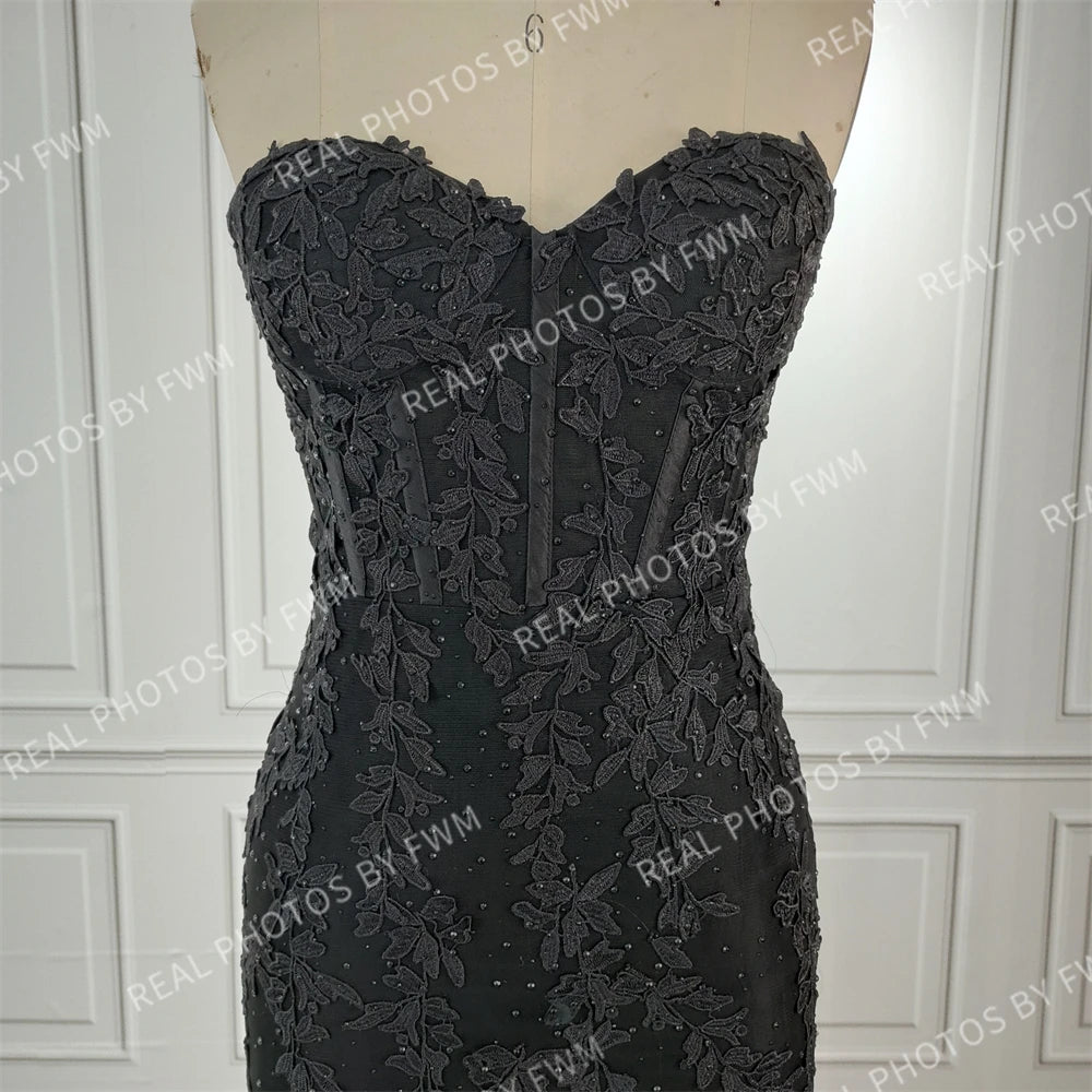 15305# Real Photo Black Sweep Train Lace Beading Strapless Wedding Bridal Gown Birthday Party Dress for Women Prom Evening Dress