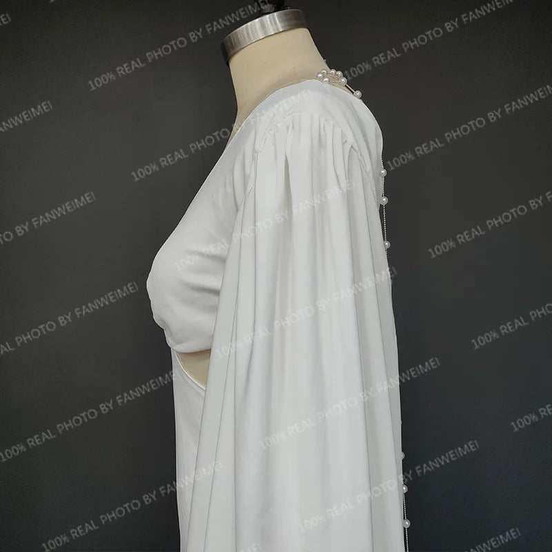 Real Photos Simple V-neck Backless Pearls Puffy Sleeves With Tassel Wedding Dress Sweep Train Mermaid Bridal Gown for Women