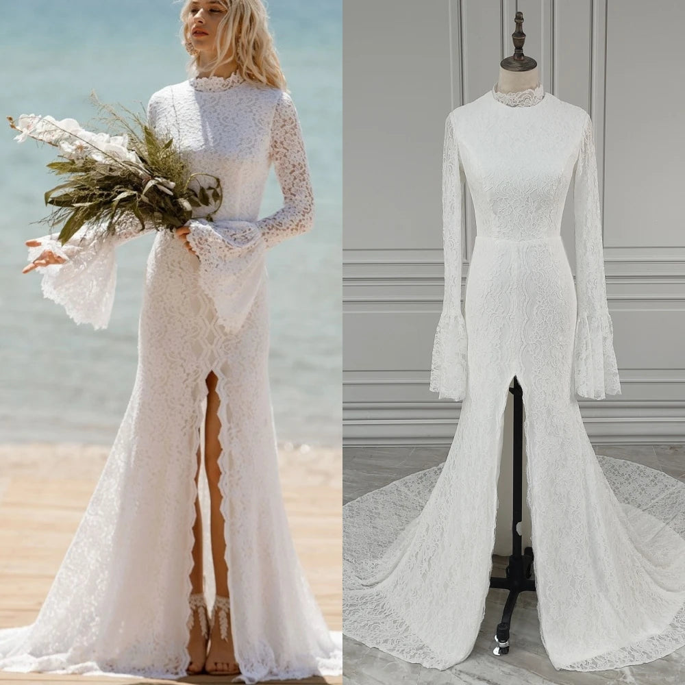11449# Real Photos High Quality Boho Long Flare Sleeves Front Slit Mermaid Lace Wedding Dress for Women Bride Gown
