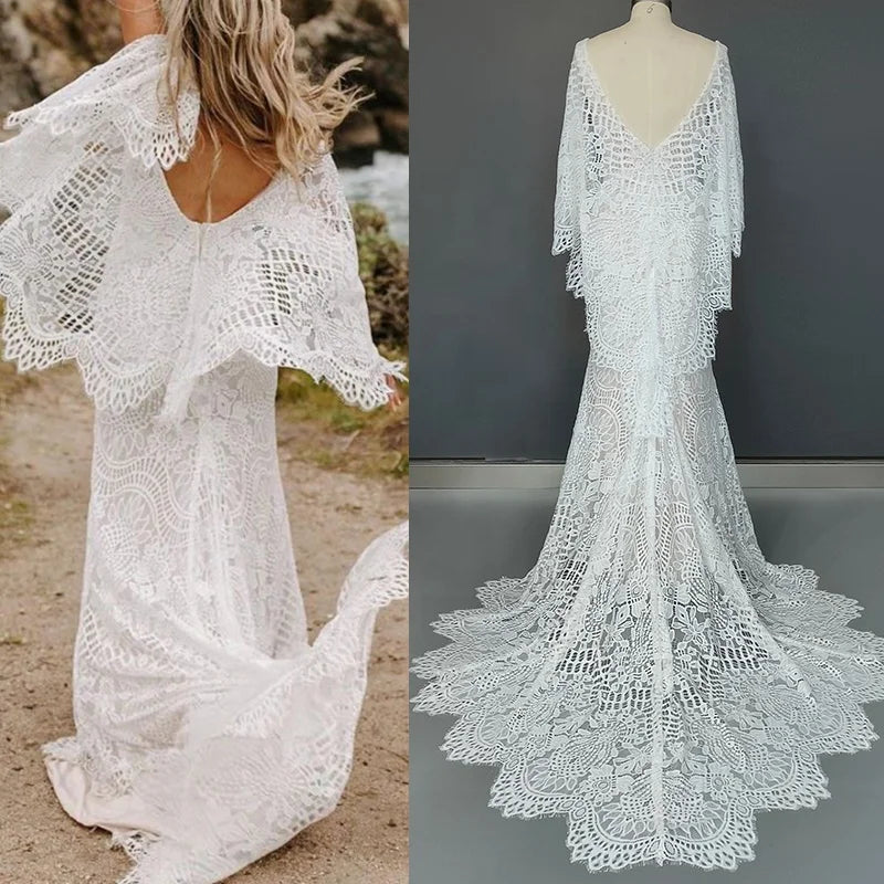 10168#  Real Photos Flare Sleeve Sexy V Neck Open Back Mermaid Bohemian Sweep Train Lace Wedding Dress Bride Gown
