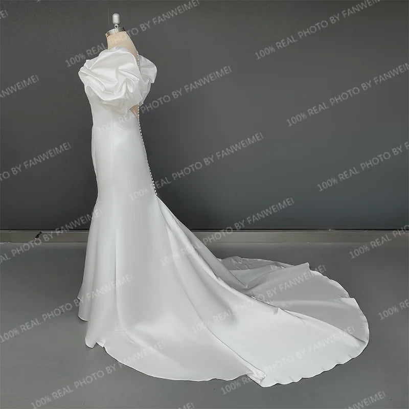 11111# Real Photos Korea Style Deep V-Neck Wedding Dresses Short Sleeve Satin Sweep Train Mermaid Bridal Dress Wedding Gown