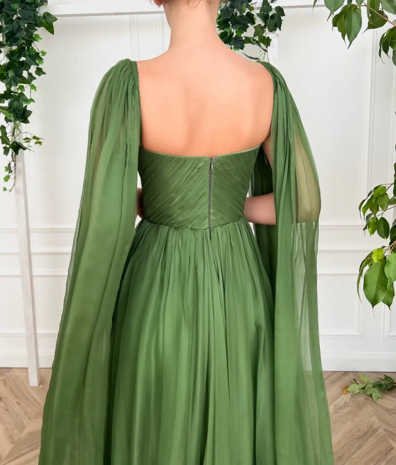 15171# Real Photos Green V-neck Ruched Belt Split Front Lace A-line Prom Evening Dress Wedding Party Dress for Plus Size Women