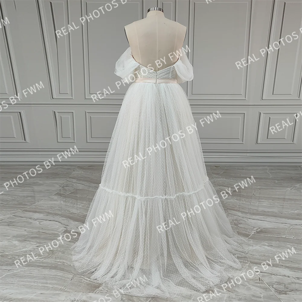 Real Photos Boho Off Shoulder Pleat Dots Lace Wedding Dress Low Back Tulle A-line Bride Gown for Women Elegant Bridal Dress
