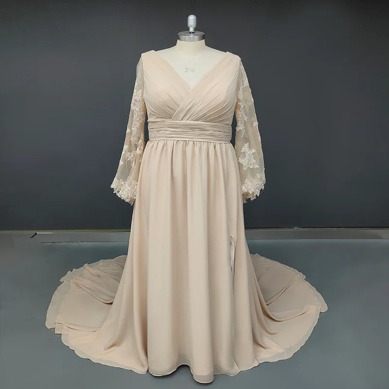 #4221 Real Photos Gorgeous V-Neck Long Sleeve Backless Chiffon Lace Wedding Dress Sweep Train Bridal Gown Vestido De Noiva