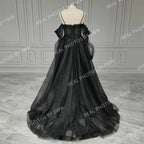 Real Photos Gothic Black Tulle A-line Spaghetti Straps Wedding Dress 3D Flower Sequined Bridal Gown Evening Dress for Women15403