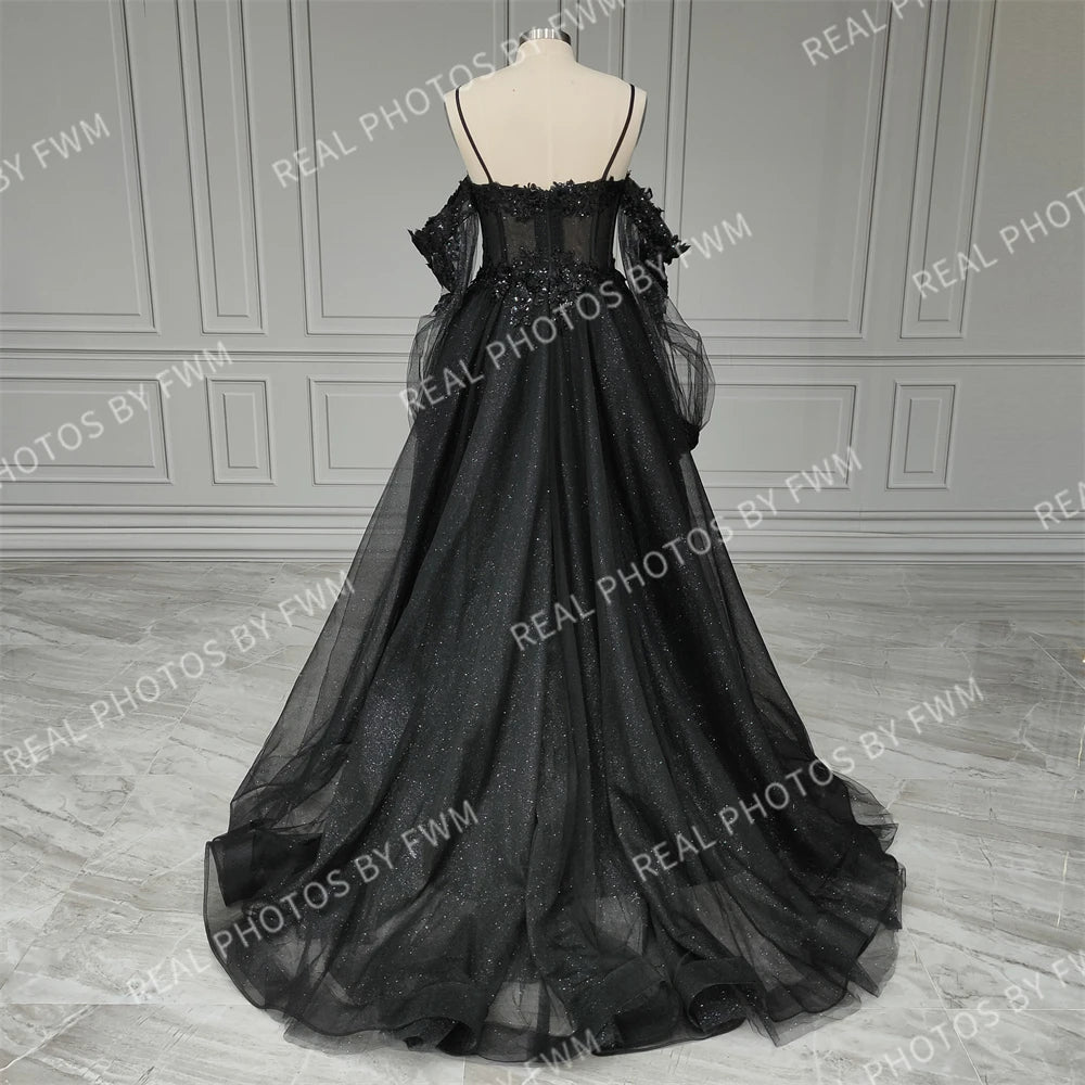 Real Photos Gothic Black Tulle A-line Spaghetti Straps Wedding Dress 3D Flower Sequined Bridal Gown Evening Dress for Women15403