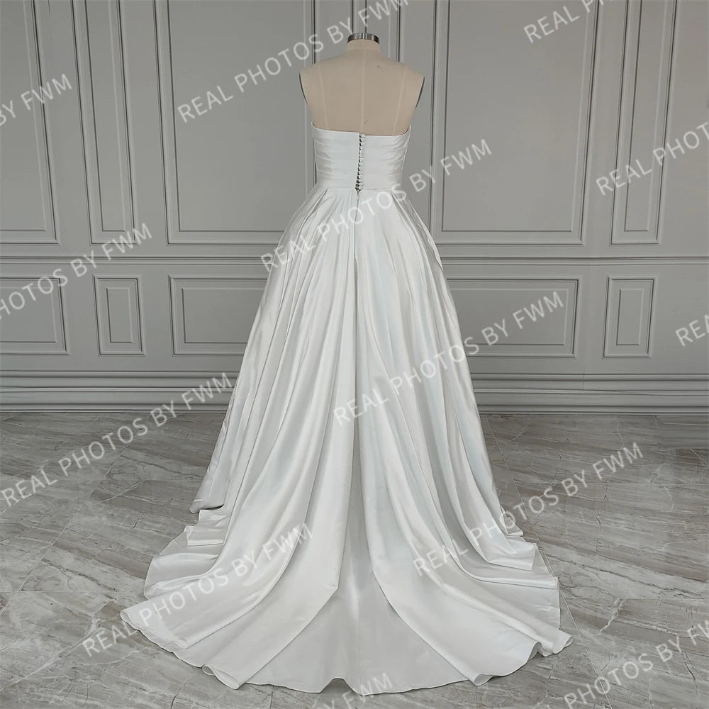 11507# Real Photos Simple Boho Strapless Pleat Satin A-line Wedding Dress for Women Sweep Train Bride Gown Vestido De Novia