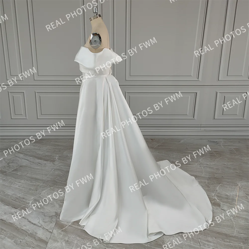 Real Photos High Quality Off Shoulder High Side Slit Satin A-line Wedding Dress for Women Bride Gowns Vestido De Novia