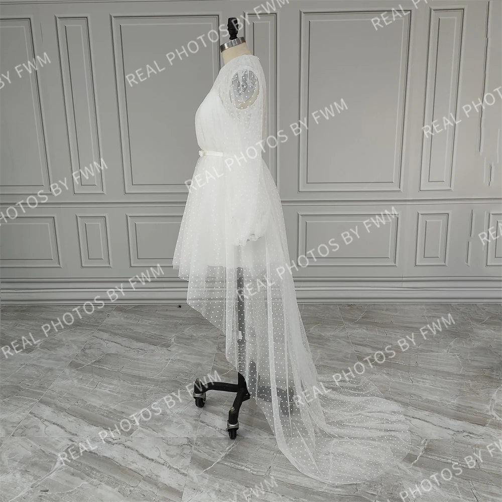 Real Photos Summer Polka Dot Tulle Mini Wedding Dress Long Train Bridal Gown Ruffles Evening Party Dress With Puffy Sleeves15398