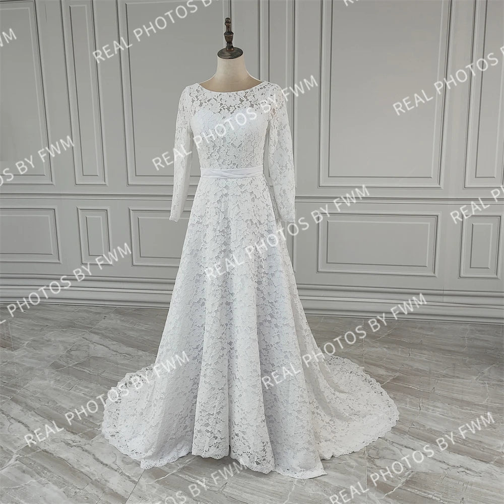 Real Photos High Quality Corset Back O-Neck Lace Long Sleeve A-Line Appliques Lace Wedding Dress for Women Bridal Gown