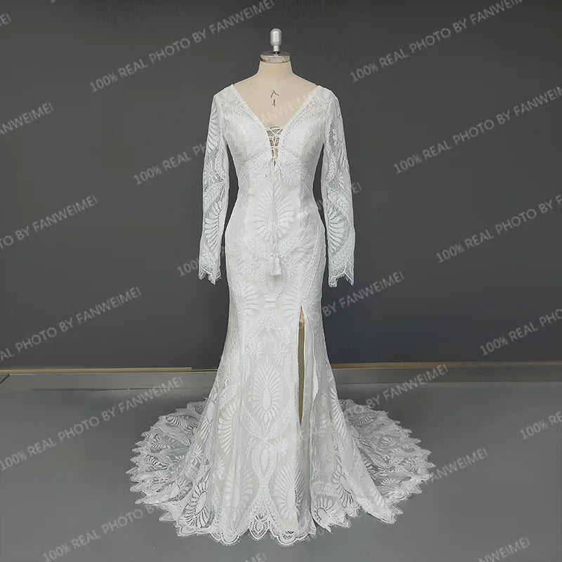 8454#Real PhotosLong Sleeves Lace Bohemian Beach V-Neck Open Back High Slit Wedding Dress Wedding Bridal Gown