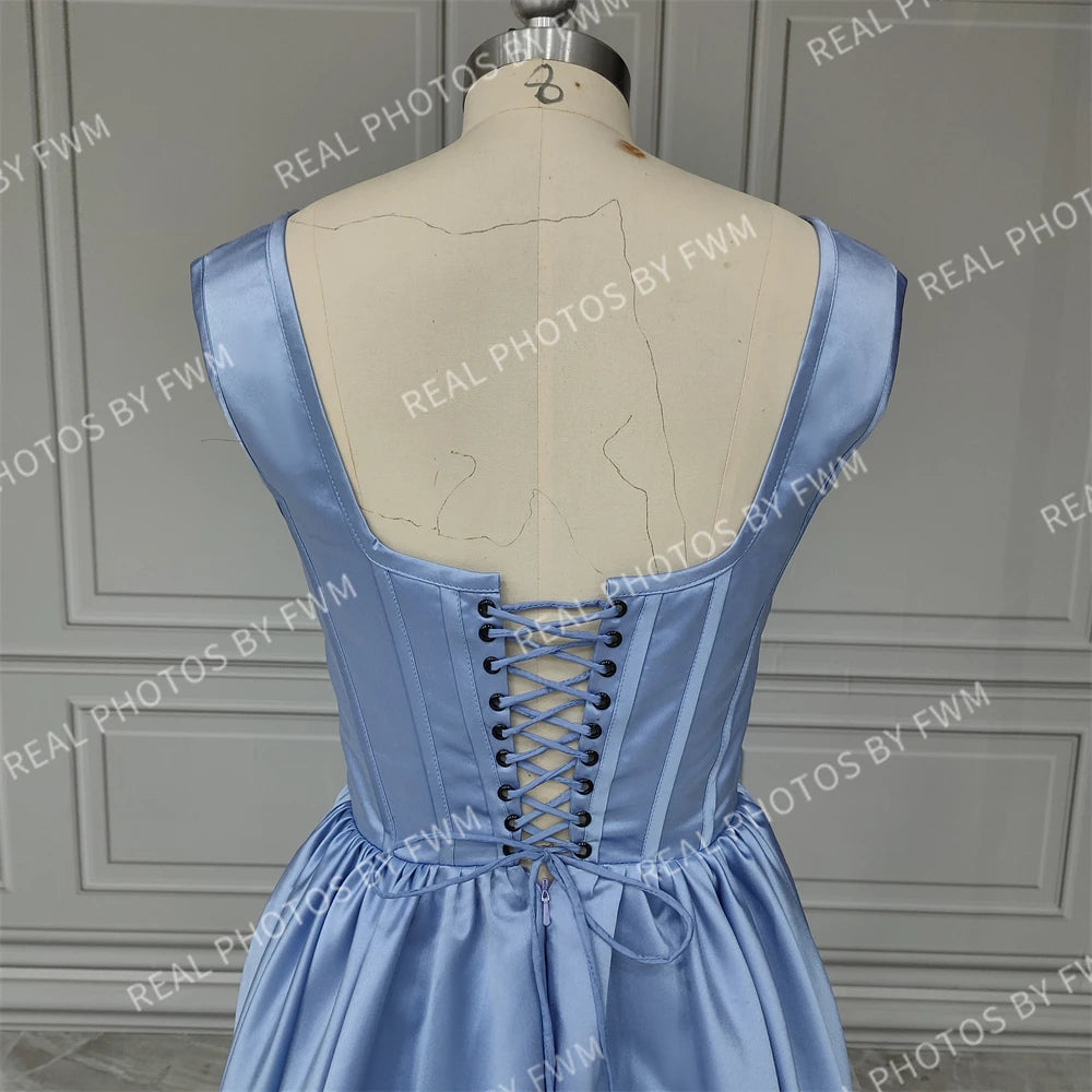14579# Real Photos Square Collar High Side Slit A-line Corset Satin Evening Dress Women Formal Prom Gown for Party