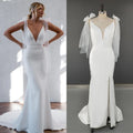 8726#  Real Photos Simple Bow Spaghetti Straps Slit Mermaid V-neck Sweep Train Wedding Dress Wedding Gown Bridal Gown