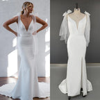 8726#  Real Photos Simple Bow Spaghetti Straps Slit Mermaid V-neck Sweep Train Wedding Dress Wedding Gown Bridal Gown